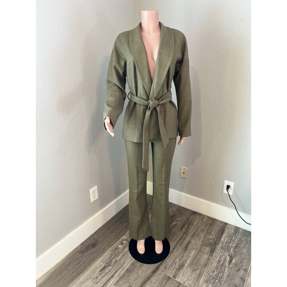 SOFT ANIMAL WRAP FRONT JACKET /PANTS 100% Wool SMALL DARK GREEN OFFICE WOOL SILK